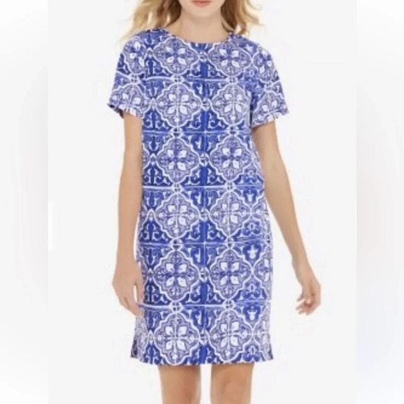 The Limited Tile Printed Short Sleeve Shirt Sheath Dress Women Size Small Blue - Picture 1 of 13
